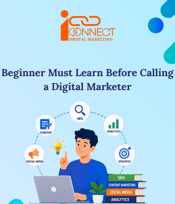 Illustration of a beginner learning digital marketing fundamentals including SEO, content marketing, social media marketing, analytics, and digital marketing strategy.