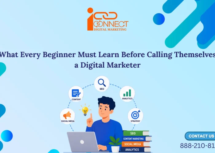 Illustration of a beginner learning digital marketing fundamentals including SEO, content marketing, social media marketing, analytics, and digital marketing strategy.