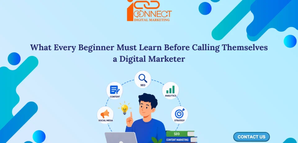 Illustration of a beginner learning digital marketing fundamentals including SEO, content marketing, social media marketing, analytics, and digital marketing strategy.