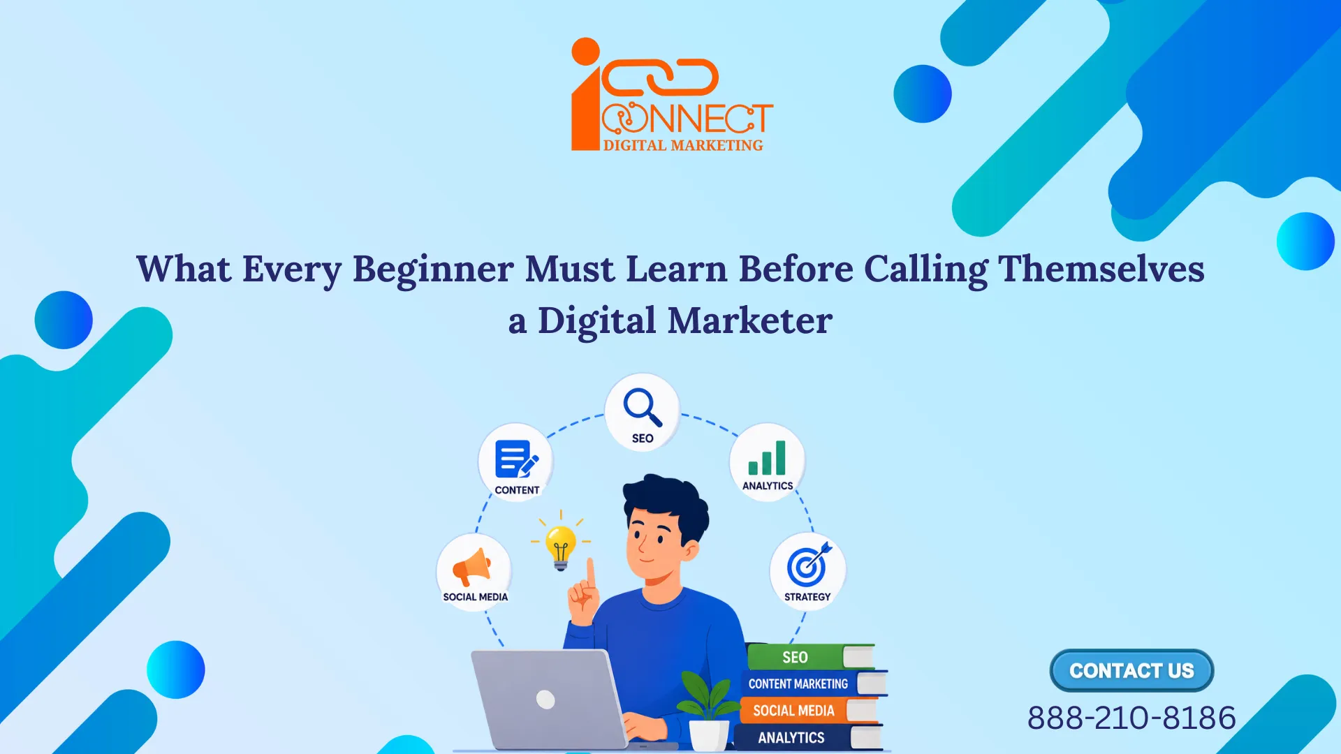 Illustration of a beginner learning digital marketing fundamentals including SEO, content marketing, social media marketing, analytics, and digital marketing strategy.