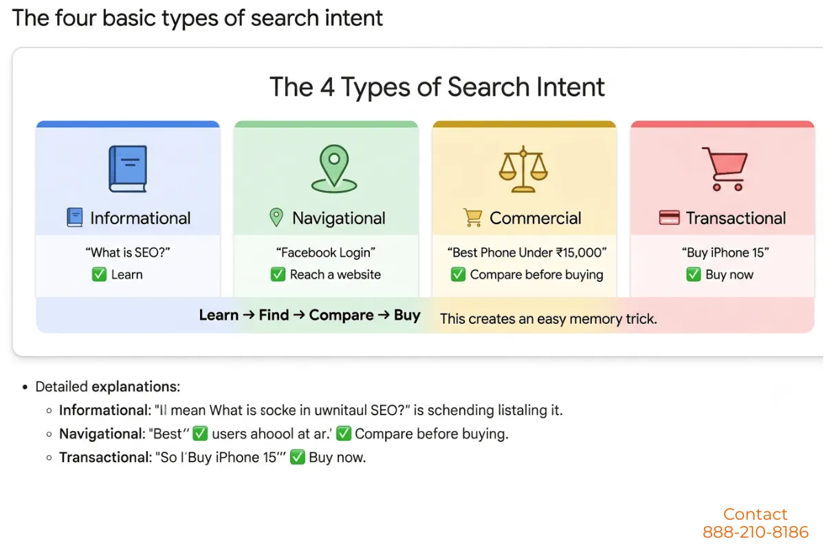 The four types of search intent in SEO: Informational, Navigational, Commercial, and Transactional with examples.