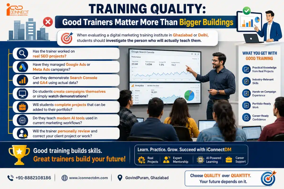 Digital marketing training quality infographic showing trainer expertise, real projects, practical learning and career support