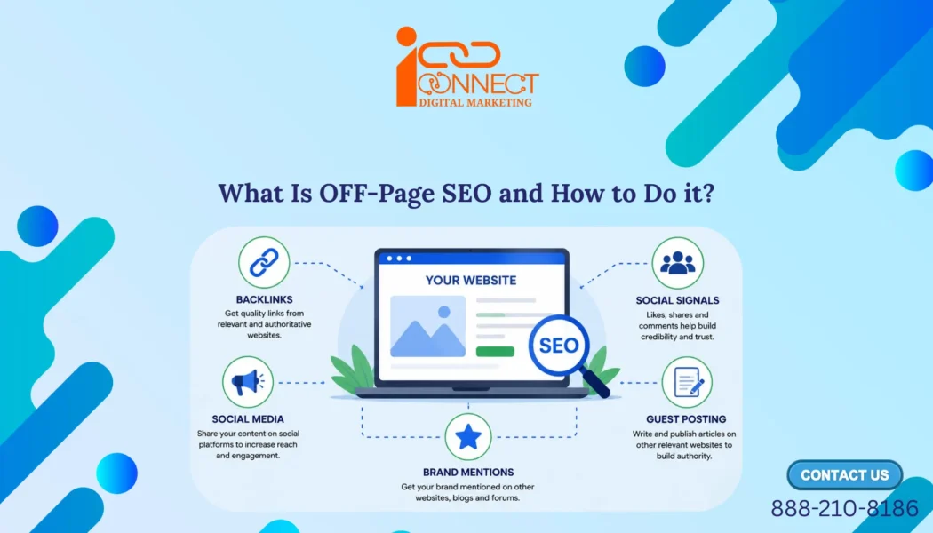 Off-page SEO infographic showing backlinks, social media, guest posting, brand mentions and social signals