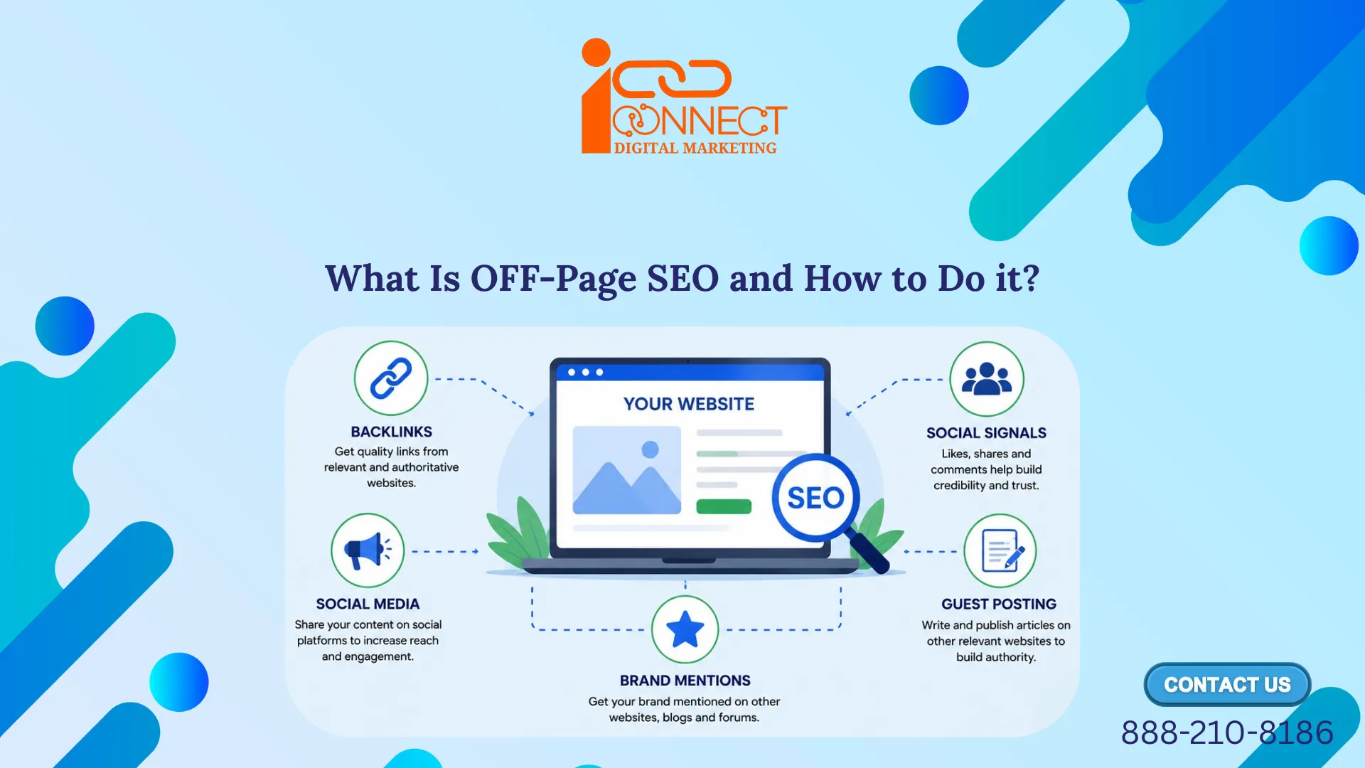 Off-page SEO infographic showing backlinks, social media, guest posting, brand mentions and social signals