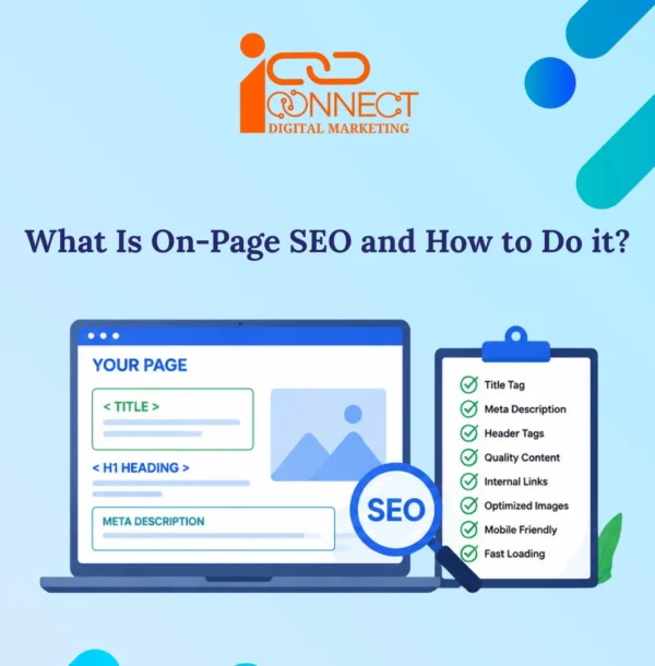 On-page SEO checklist with title tags, meta descriptions, headings, content, internal links, images and mobile optimization
