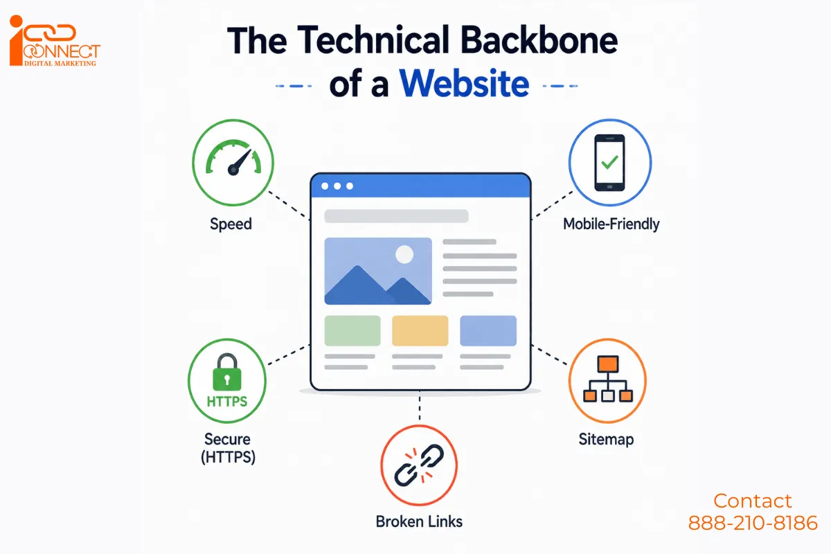 Technical SEO website factors including speed, HTTPS, mobile-friendly design and sitemap