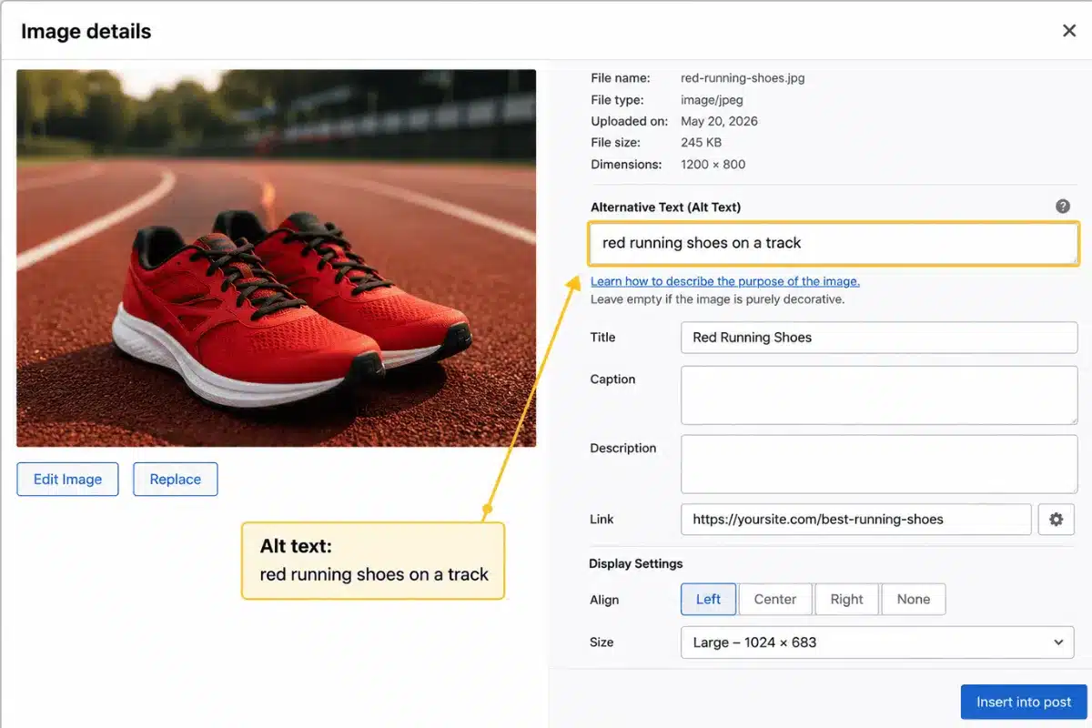 WordPress image SEO fields showing alt text, title, caption and description for a running shoes image