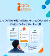 Student comparing online digital marketing courses based on modules, trainer experience, practical training, certification and placement support