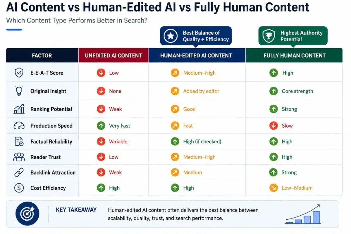AI content vs human-edited AI vs fully human content compared for SEO