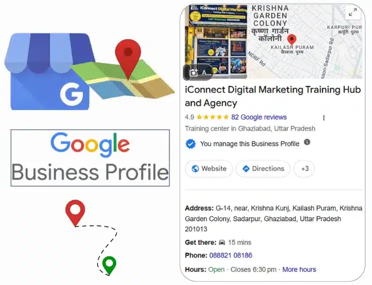 Google Business Profile of iConnect Digital Marketing Training Hub and Agency in Ghaziabad showing business details, reviews, directions and location