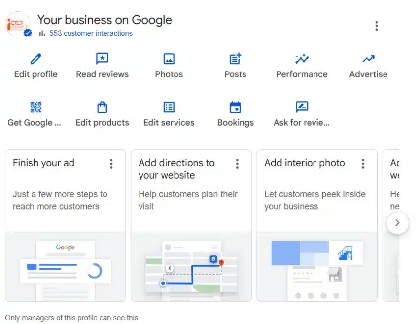Google Business Profile management dashboard showing profile editing, reviews, photos, posts, performance, products, services and bookings