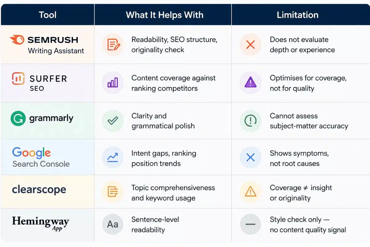 SEO content optimization tools compared by features and limitations