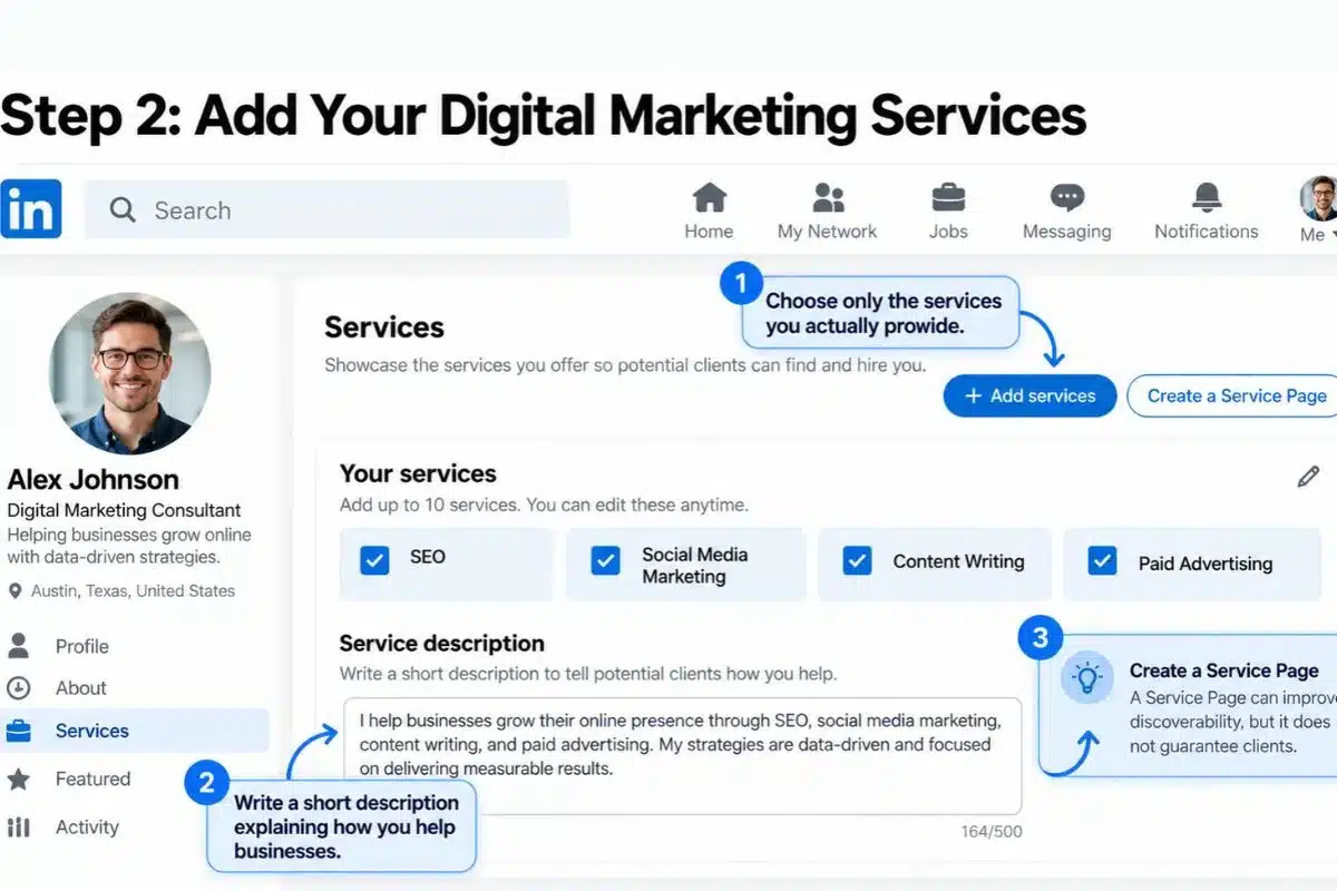 Illustration of a LinkedIn Service Page showing SEO, social media marketing, content writing, and paid advertising services.
