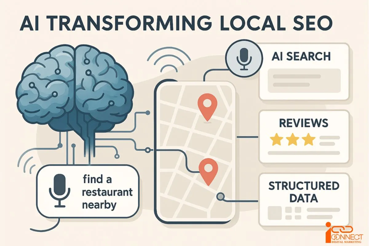 Illustration showing AI transforming local SEO through voice search, maps, reviews, and structured data