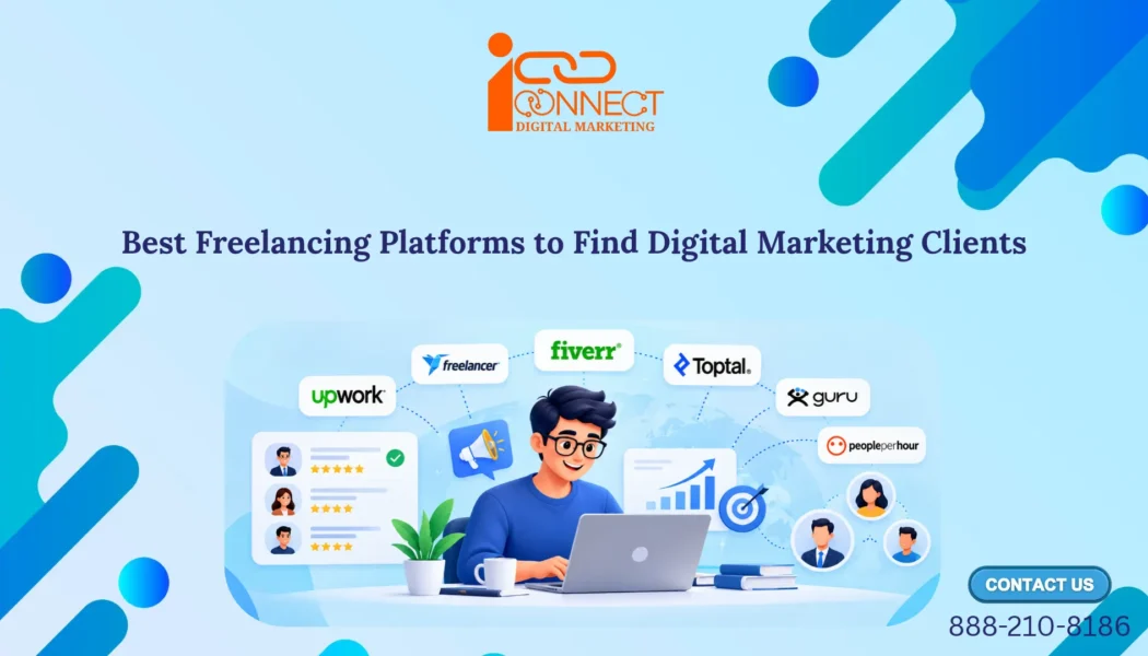 Illustration of a digital marketing freelancer using a laptop, surrounded by Upwork, Fiverr, Freelancer, Toptal and other freelancing platform logos.