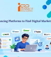 Illustration of a digital marketing freelancer using a laptop, surrounded by Upwork, Fiverr, Freelancer, Toptal and other freelancing platform logos.