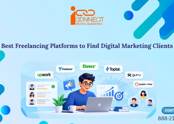 Illustration of a digital marketing freelancer using a laptop, surrounded by Upwork, Fiverr, Freelancer, Toptal and other freelancing platform logos.
