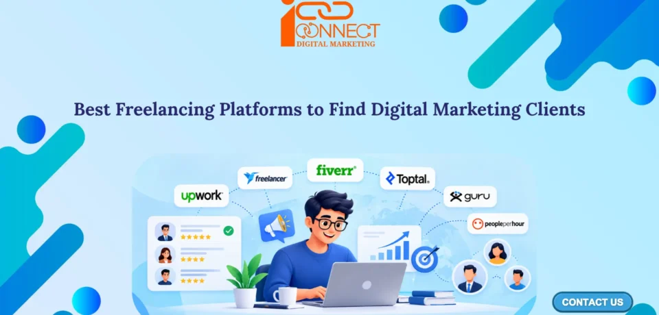 Illustration of a digital marketing freelancer using a laptop, surrounded by Upwork, Fiverr, Freelancer, Toptal and other freelancing platform logos.