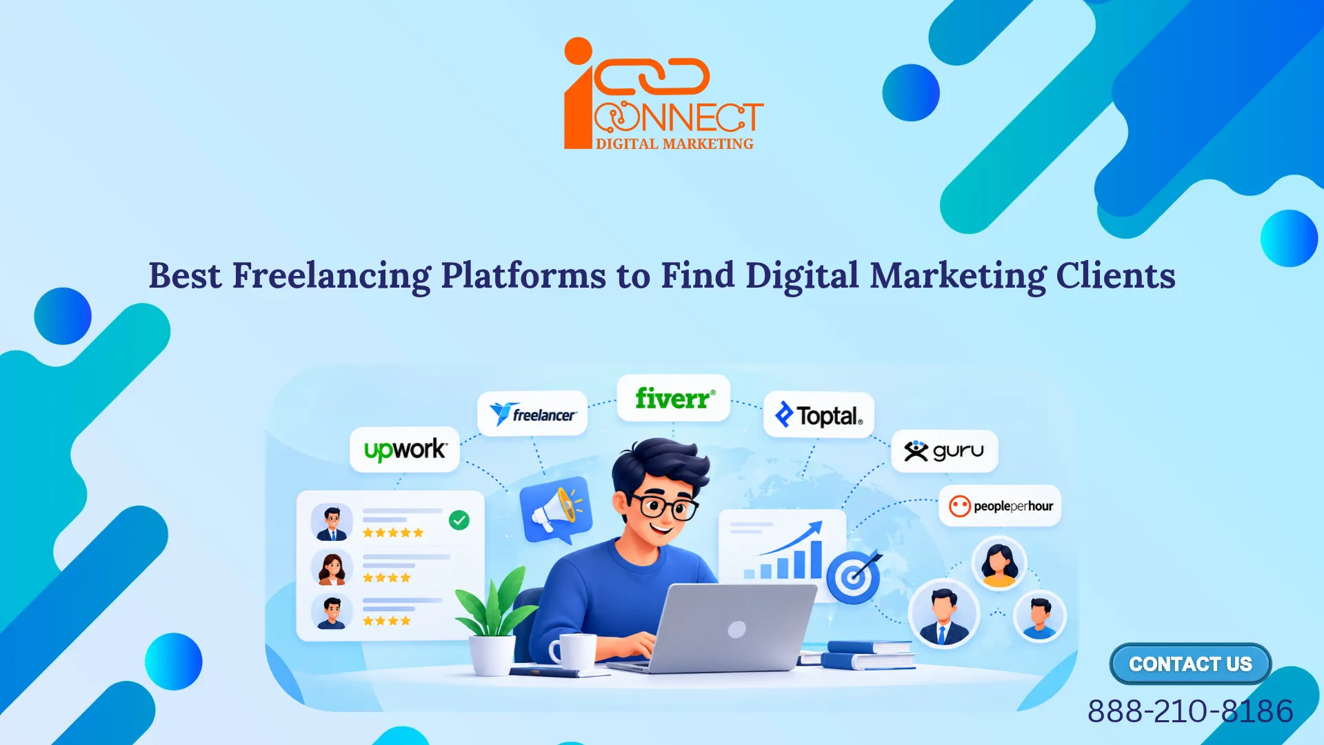 Illustration of a digital marketing freelancer using a laptop, surrounded by Upwork, Fiverr, Freelancer, Toptal and other freelancing platform logos.