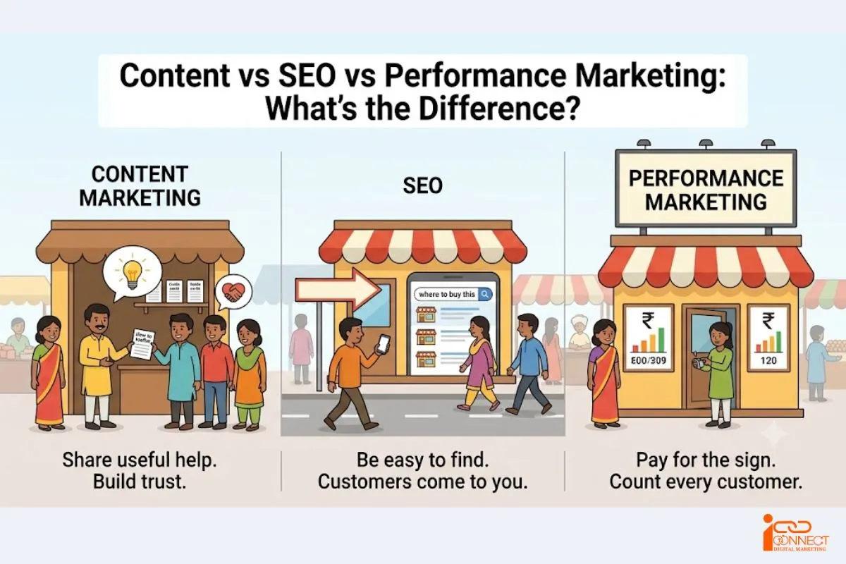 Content Marketing vs SEO vs Performance Marketing explained using a shop analogy