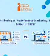 E-commerce marketing vs. performance marketing comparison infographic highlighting online stores, product growth, customer engagement, paid ads, audience targeting, and ROI for career choices in 2026.