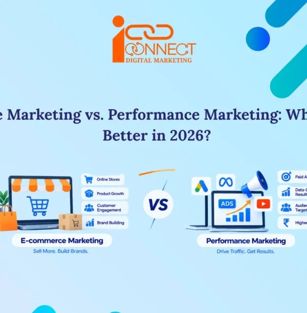 E-commerce marketing vs. performance marketing comparison infographic highlighting online stores, product growth, customer engagement, paid ads, audience targeting, and ROI for career choices in 2026.