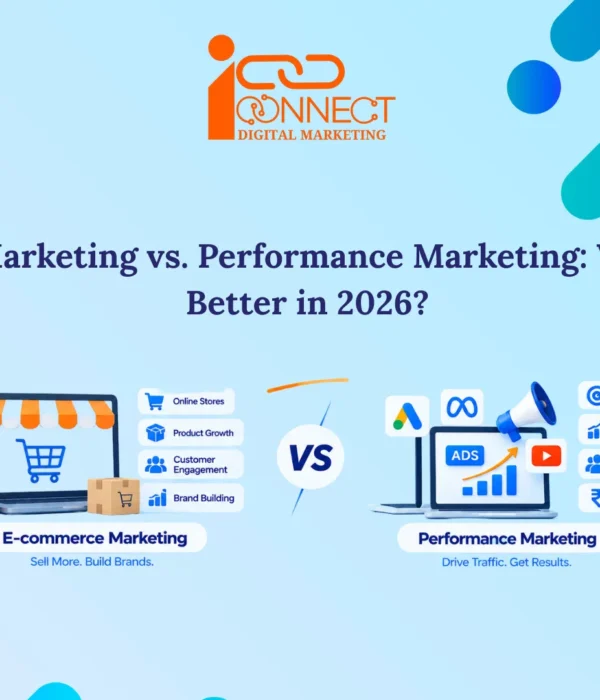 E-commerce marketing vs. performance marketing comparison infographic highlighting online stores, product growth, customer engagement, paid ads, audience targeting, and ROI for career choices in 2026.