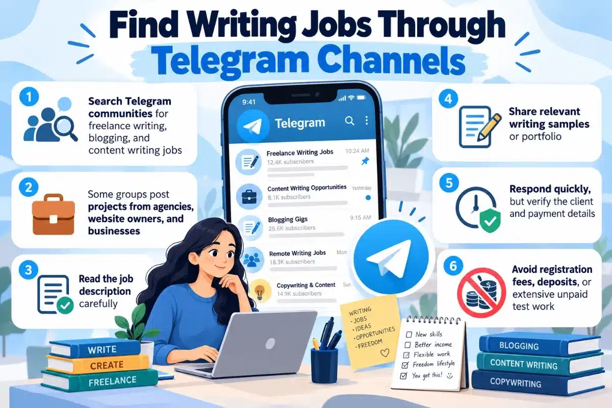 Infographic showing six steps to find freelance writing jobs through Telegram channels, including searching groups, reviewing job descriptions, sharing samples, and avoiding scams.