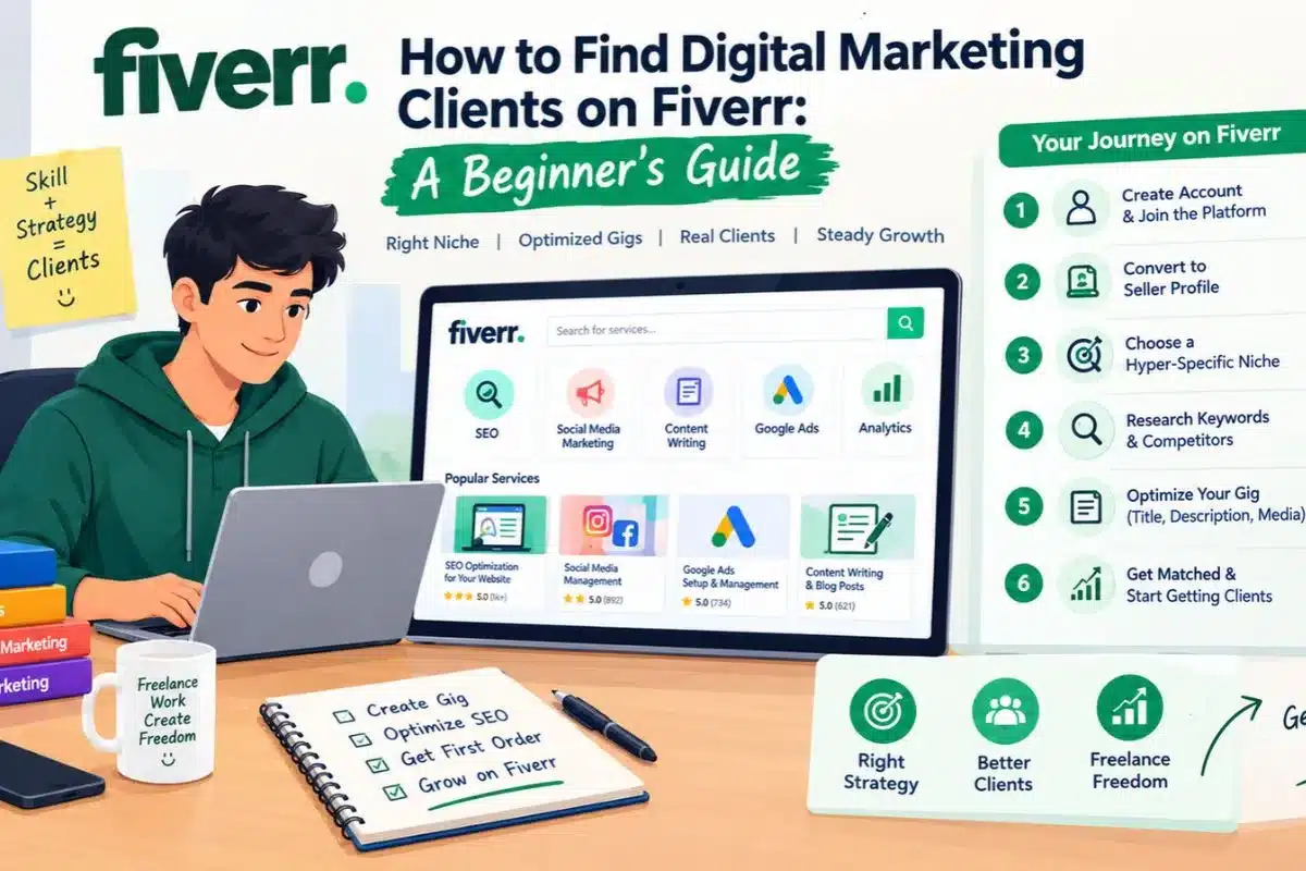 Illustration showing how to find digital marketing clients on Fiverr through niche selection, keyword research, Gig optimization, and buyer matching.