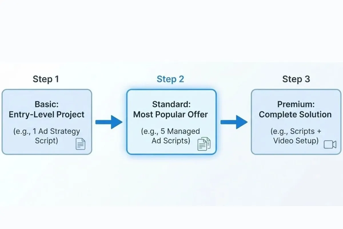 Infographic comparing Fiverr Gig pricing packages: Basic with one ad strategy script, Standard with five ad scripts, and Premium with scripts and video setup.