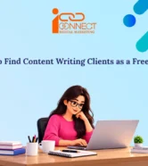 Illustration of a freelance content writer working on a laptop, with a heading about finding content writing clients