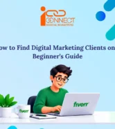 Illustration of a freelancer working on a Fiverr laptop for a beginner's guide to finding digital marketing clients on Fiverr.