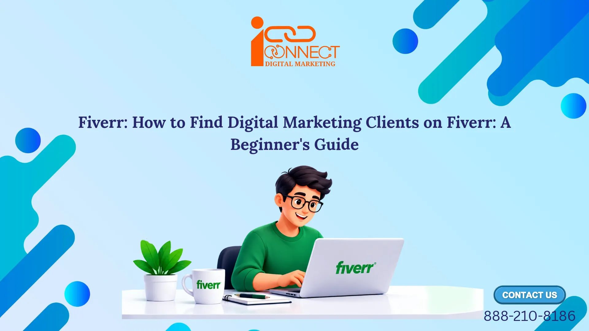 Illustration of a freelancer working on a Fiverr laptop for a beginner's guide to finding digital marketing clients on Fiverr.