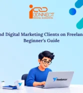 Illustration of a freelancer working on a laptop, featuring Freelancer.com branding and a beginner's guide to finding digital marketing clients.