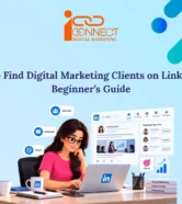 Illustration of a freelancer using LinkedIn to find digital marketing clients through networking, outreach, and profile connections.