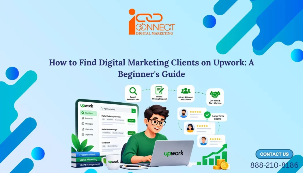 Illustration of a digital marketing freelancer using Upwork to find jobs, write proposals, connect with clients, and secure freelance projects.