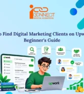 Illustration of a digital marketing freelancer using Upwork to find jobs, write proposals, connect with clients, and secure freelance projects.