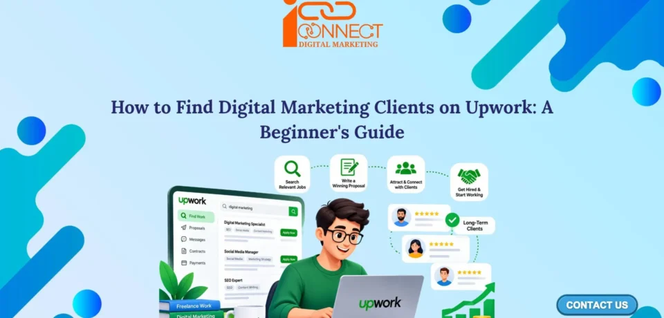 Illustration of a digital marketing freelancer using Upwork to find jobs, write proposals, connect with clients, and secure freelance projects.