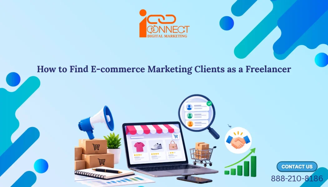 Illustration of an online store, customer search, and marketing tools for finding e-commerce freelance clients
