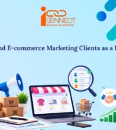 Illustration of an online store, customer search, and marketing tools for finding e-commerce freelance clients
