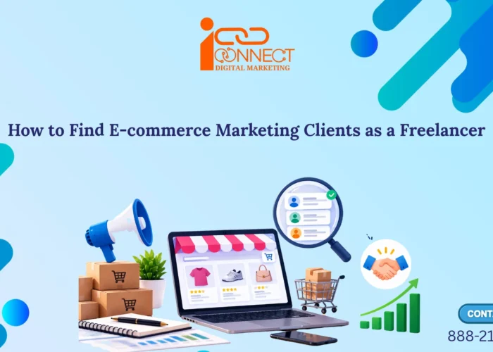 Illustration of an online store, customer search, and marketing tools for finding e-commerce freelance clients