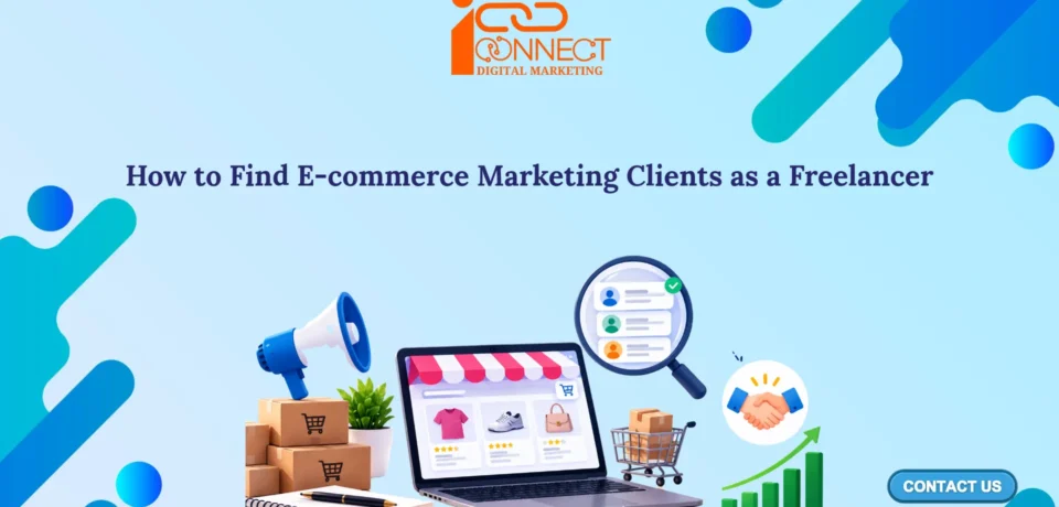 Illustration of an online store, customer search, and marketing tools for finding e-commerce freelance clients