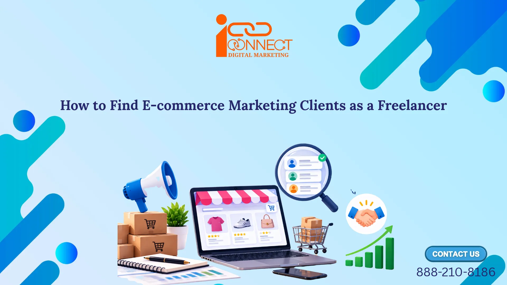 Illustration of an online store, customer search, and marketing tools for finding e-commerce freelance clients