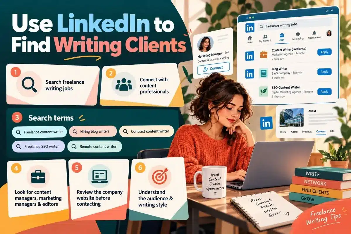 Infographic showing six ways to find freelance writing clients on LinkedIn, including job searches, networking with content professionals, and researching companies.