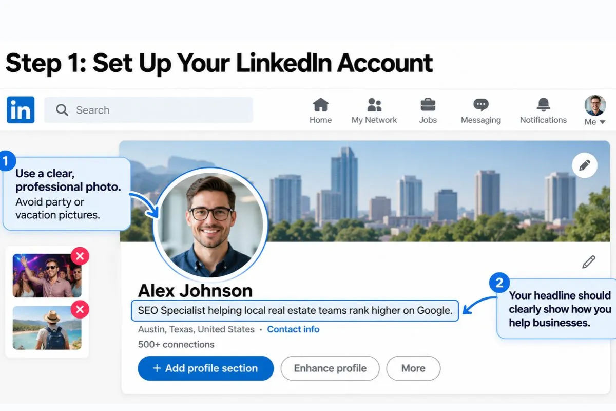 LinkedIn profile setup illustration highlighting a professional profile photo and an SEO specialist headline explaining how they help businesses.