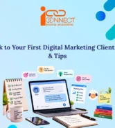 Illustration showing how to talk to your first digital marketing client, including asking questions, understanding business goals, discussing budgets, and planning next steps.