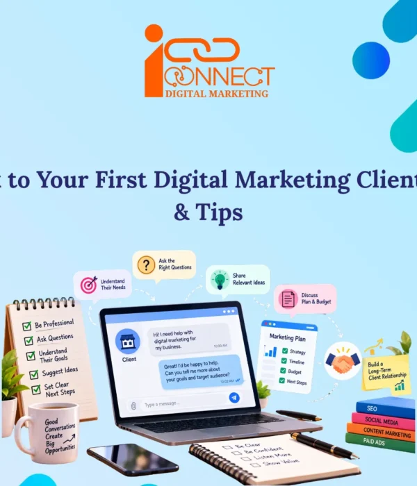 Illustration showing how to talk to your first digital marketing client, including asking questions, understanding business goals, discussing budgets, and planning next steps.