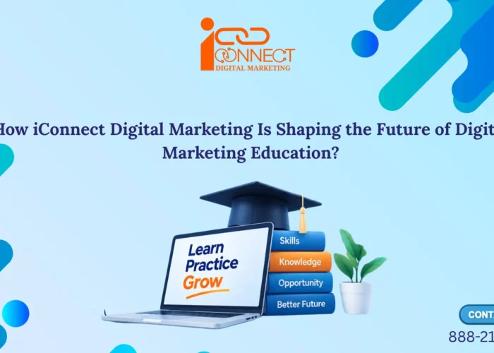 iConnect Digital Marketing education banner featuring a laptop, graduation cap, and books highlighting digital marketing skills and career growth.
