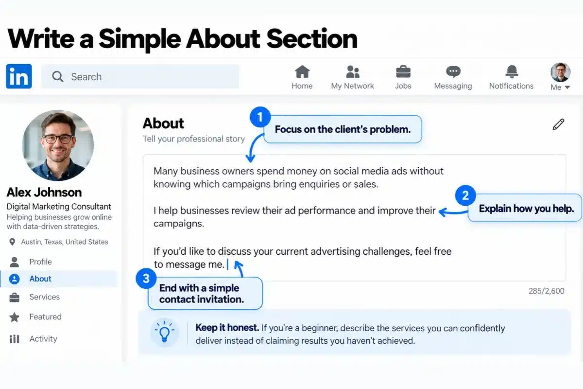 LinkedIn About section example showing how freelancers can explain a client's marketing problem, offer their services, and invite enquiries.