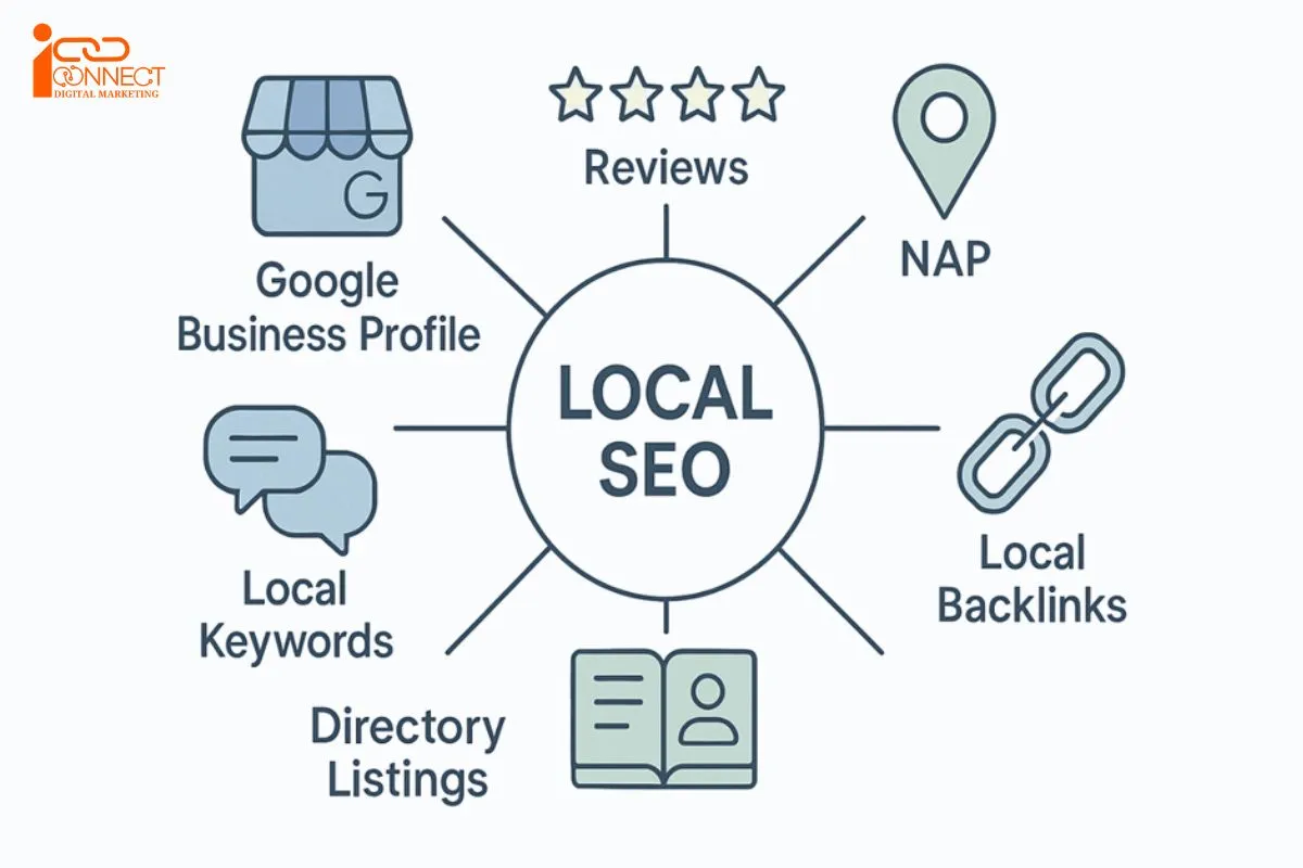 Key local SEO components including Google Business Profile, reviews, NAP, local backlinks, directory listings, and local keywords